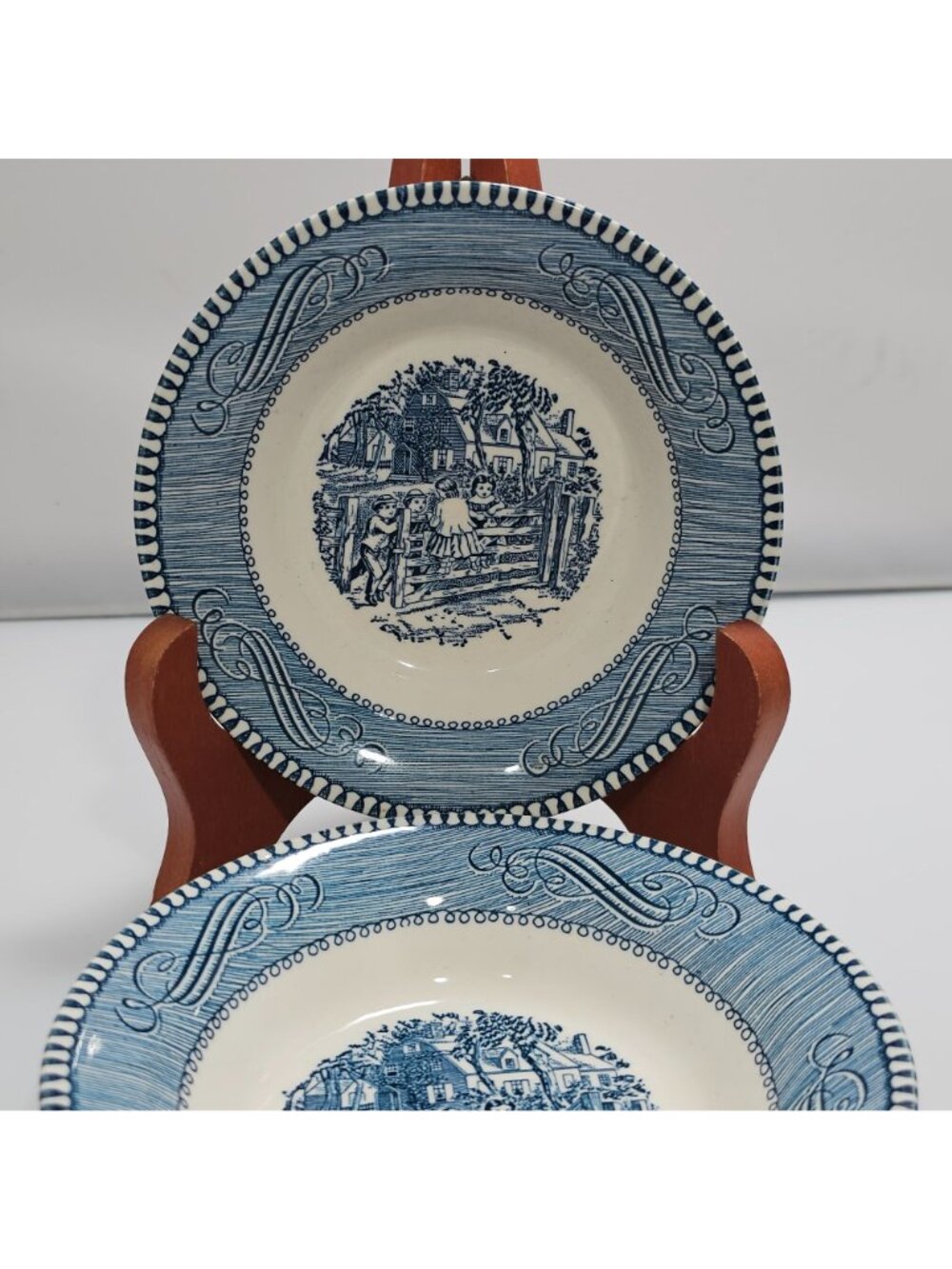 2 Currier Ives Dessert Bowl Old Farm Gate 5.5" Royal Pottery blue white made USA - Picture 2 of 7